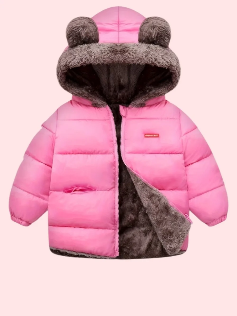 Irresistablely Cute Pink and Brown Kids Puffer Jacket with Faux Fur Hood - Picture 4 of 4